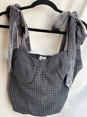LE LIS- Gingham Bustier Top with Velvet Tie Straps and Skirt Set